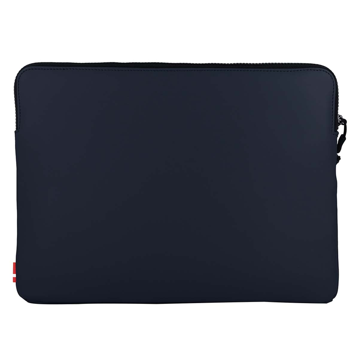 Dunkelblaue Laptoptasche mit Reißverschluss und kleinem rotem Etikett.