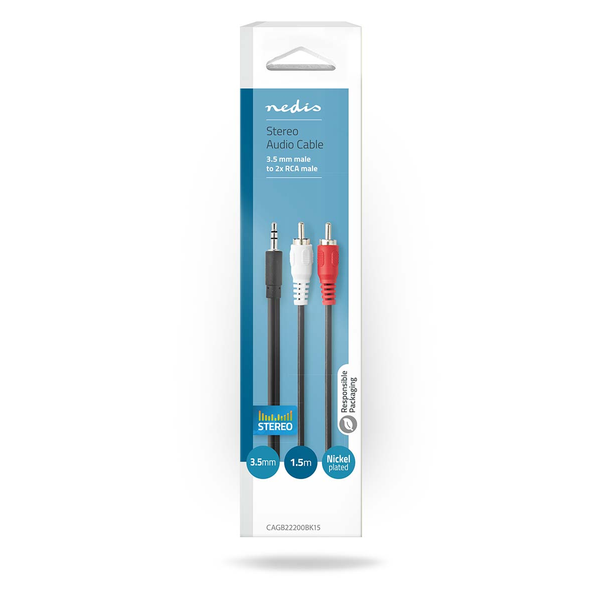 Câble Audio Stéréo Nedis : 3,5 mm vers 2x RCA. 1,5m, Nickelé. Emballage.