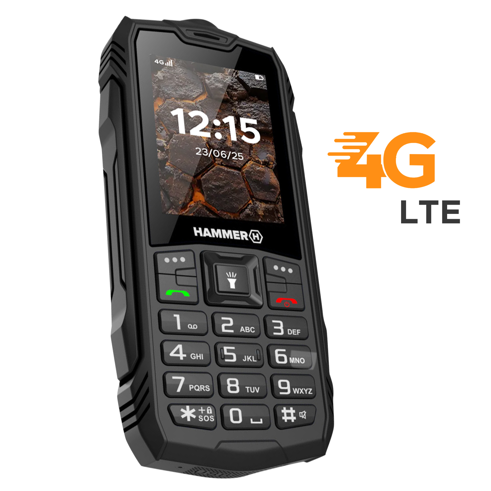 Czarny telefon Hammer z klawiaturą, pokazuje 12:15 i 4G LTE.