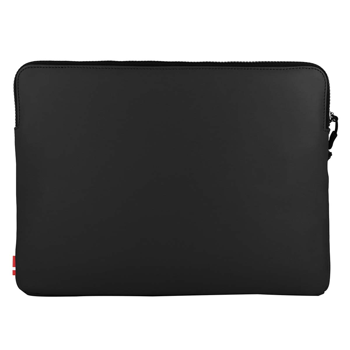 Schwarze Laptoptasche mit Reißverschluss und rotem Logo-Etikett auf der linken Seite.