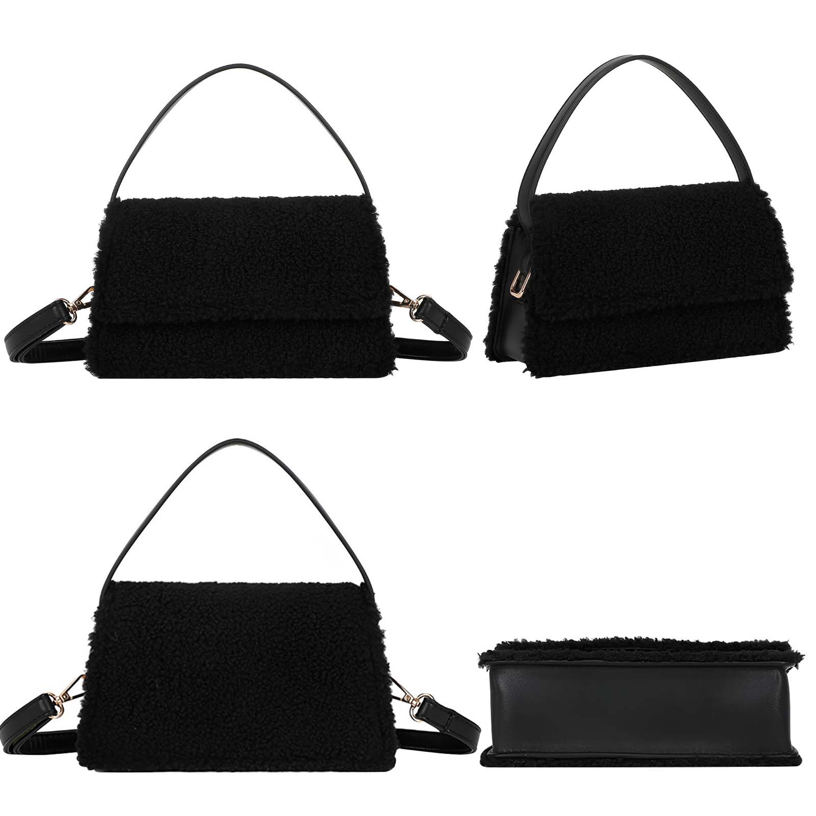 Bolso negro de peluche con asa y correa, mostrado desde varios ángulos.