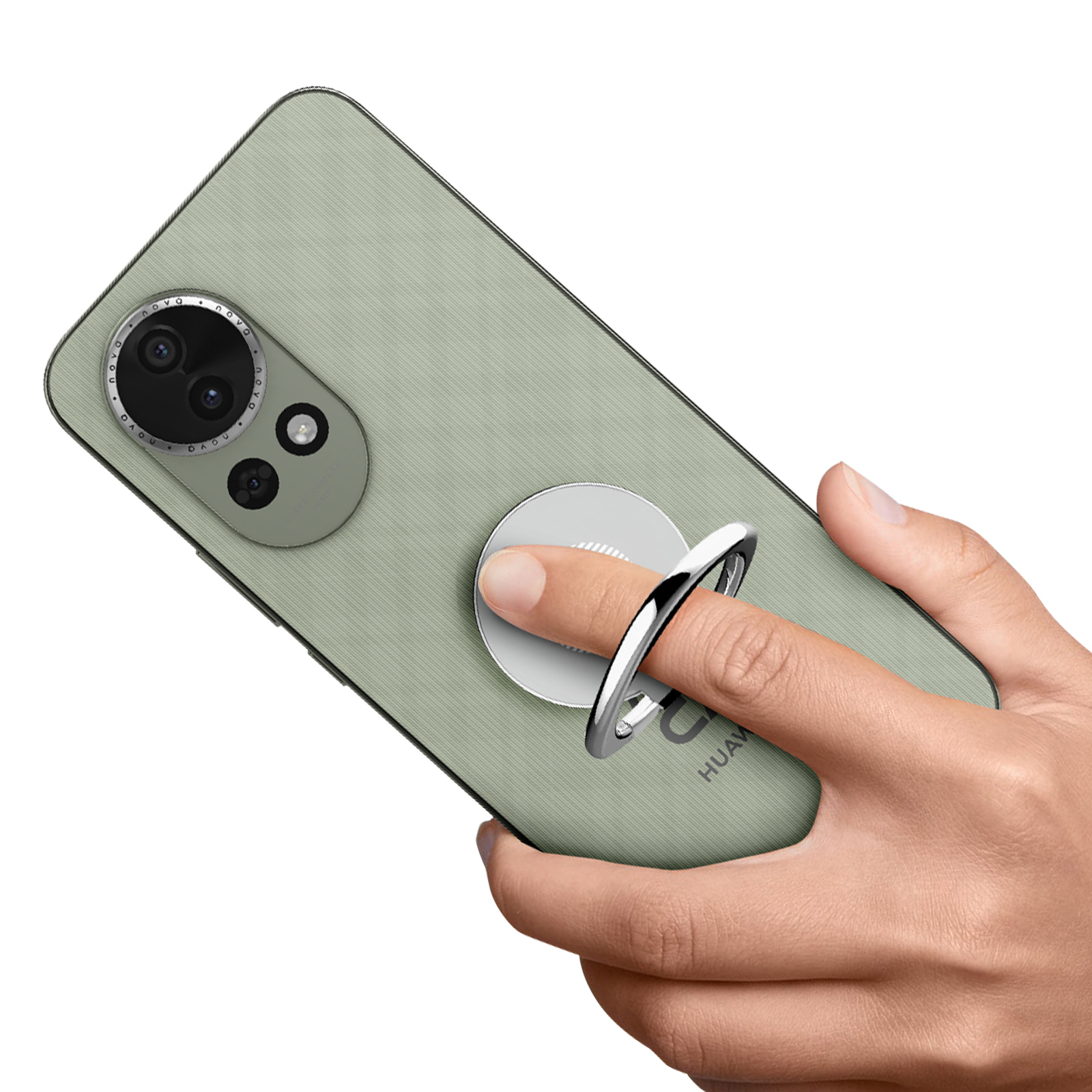 Eine Hand hält ein hellgrünes Handy mit Ringhalterung und drei Kameras.
