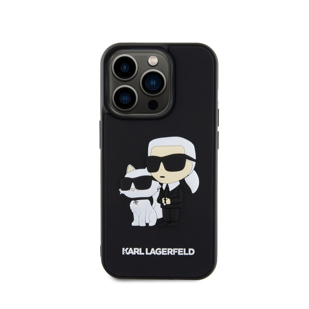 Custodia nera per telefono con grafica di Karl Lagerfeld e gatto, capelli bianchi, occhiali da sole.
