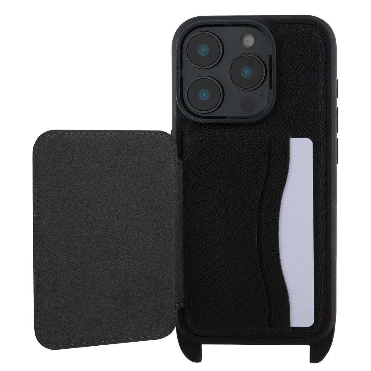 Telefono nero con custodia a portafoglio aperta, fotocamera e porta carte.