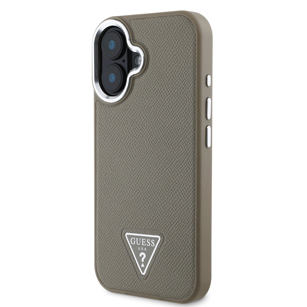 Custodia grigia per telefono con logo GUESS e ritaglio fotocamera su sfondo bianco.