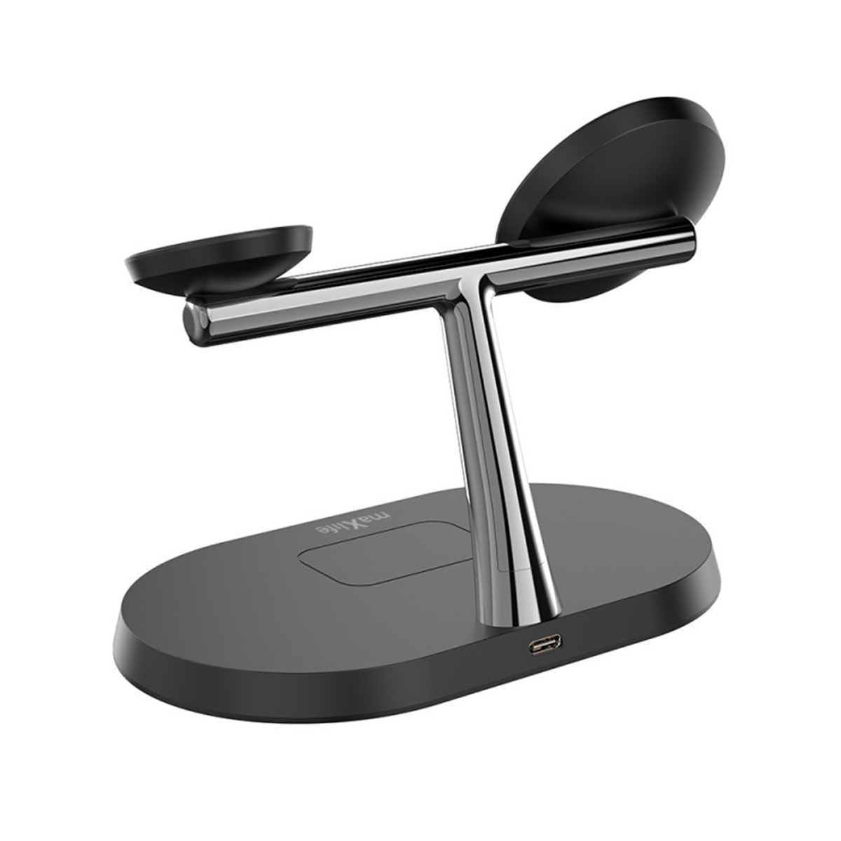 Un caricatore wireless triplo nero con supporto argentato.
