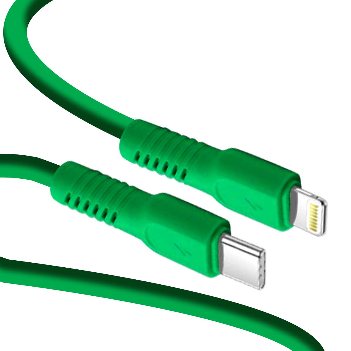 Câble vert USB-C vers Lightning avec connecteurs nervurés, gros plan.