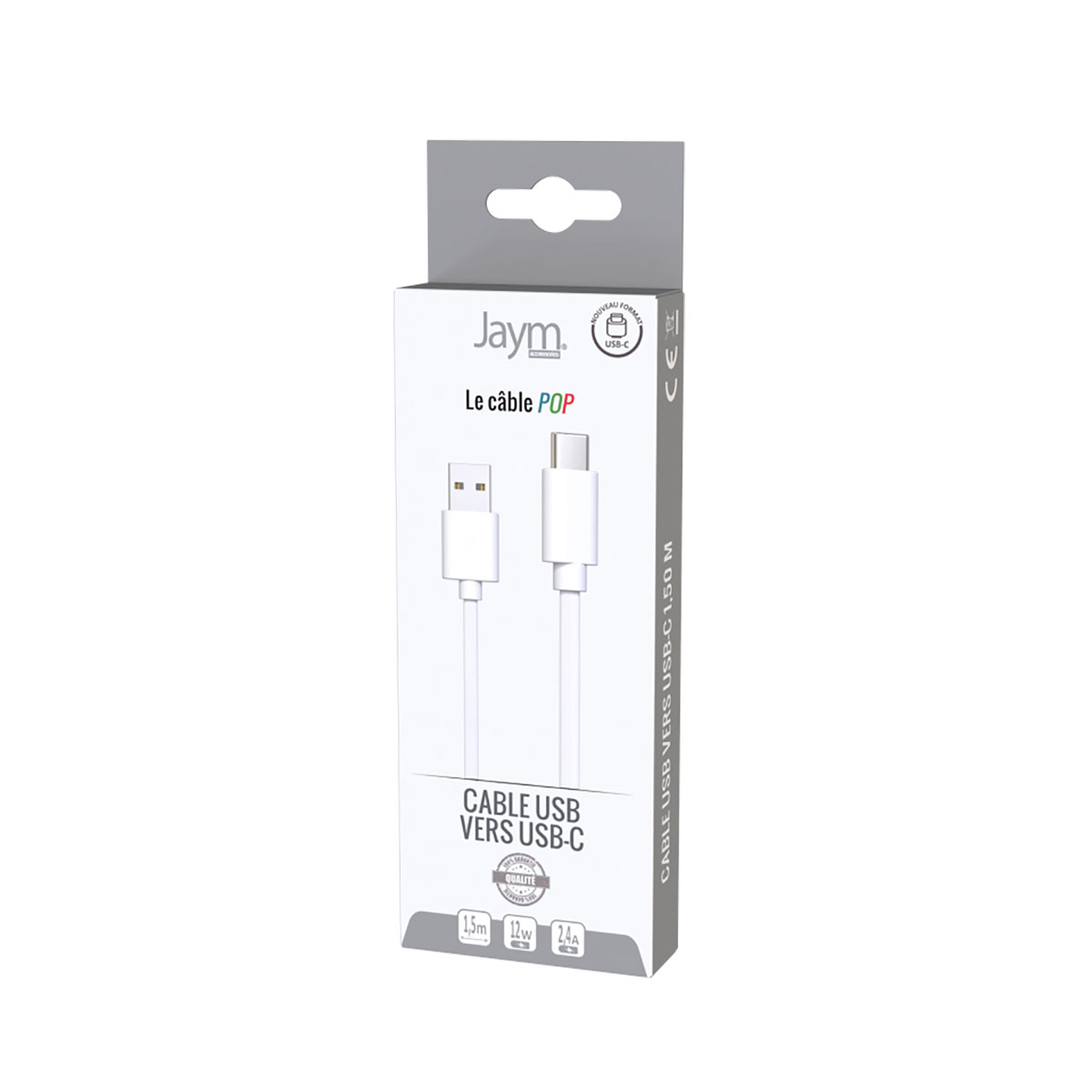 Confezione di un cavo USB-A a USB-C bianco con logo Jaym.