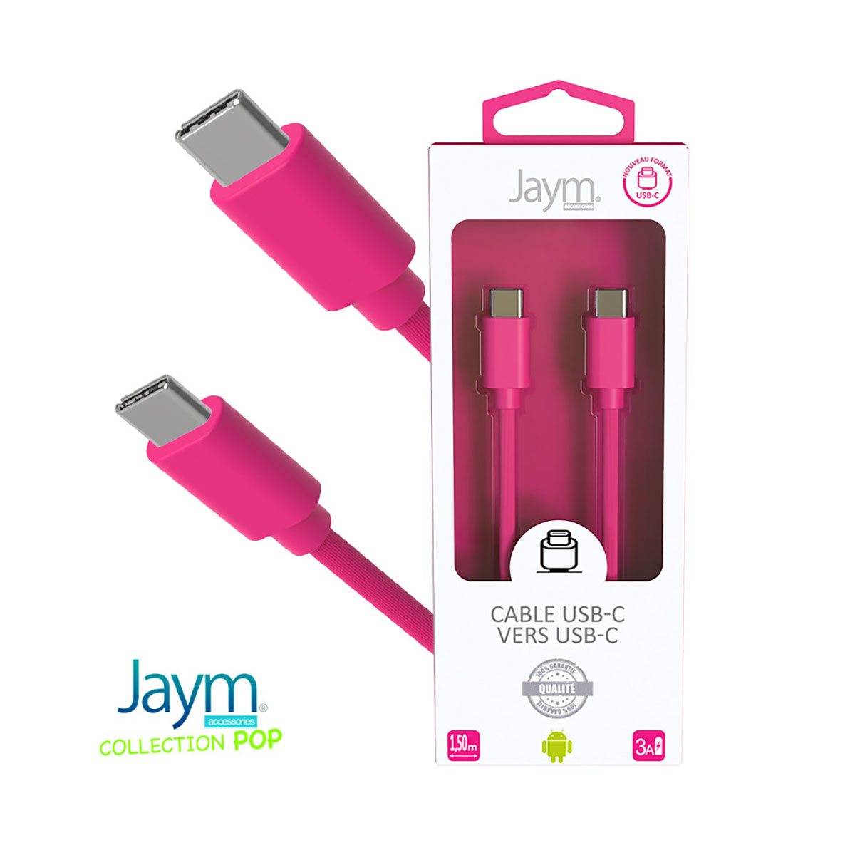 Due cavi USB-C rosa e una confezione con logo Jaym.