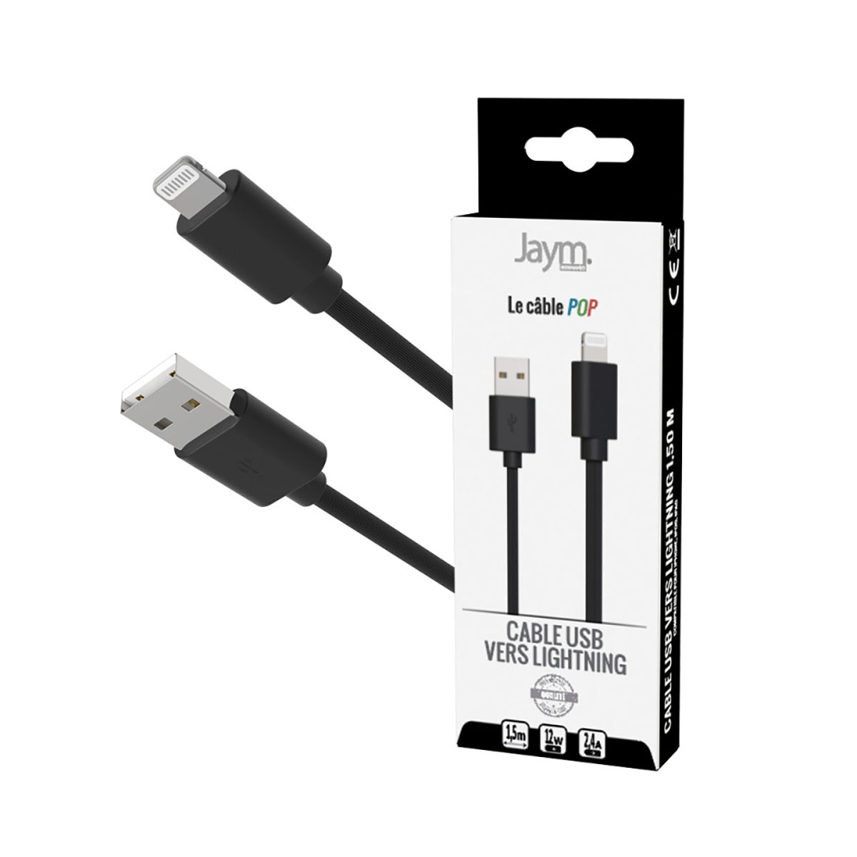 Un cavo USB-Lightning nero con confezione Jaym.