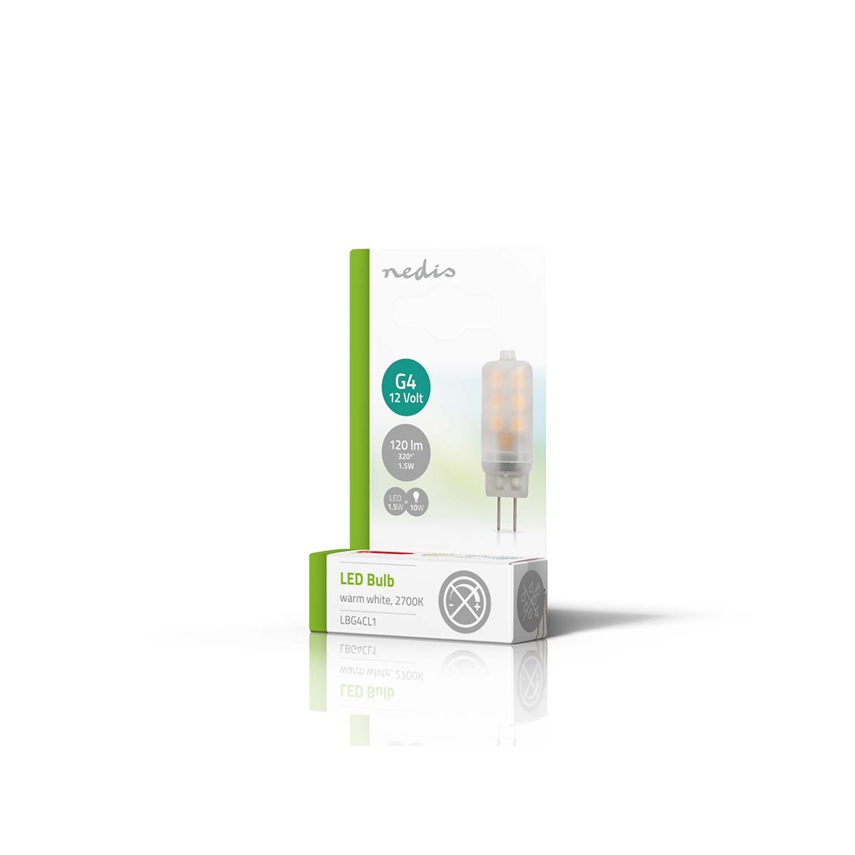 Embalaje de una bombilla LED G4 12V que muestra 120 lúmenes y 1,5W.
