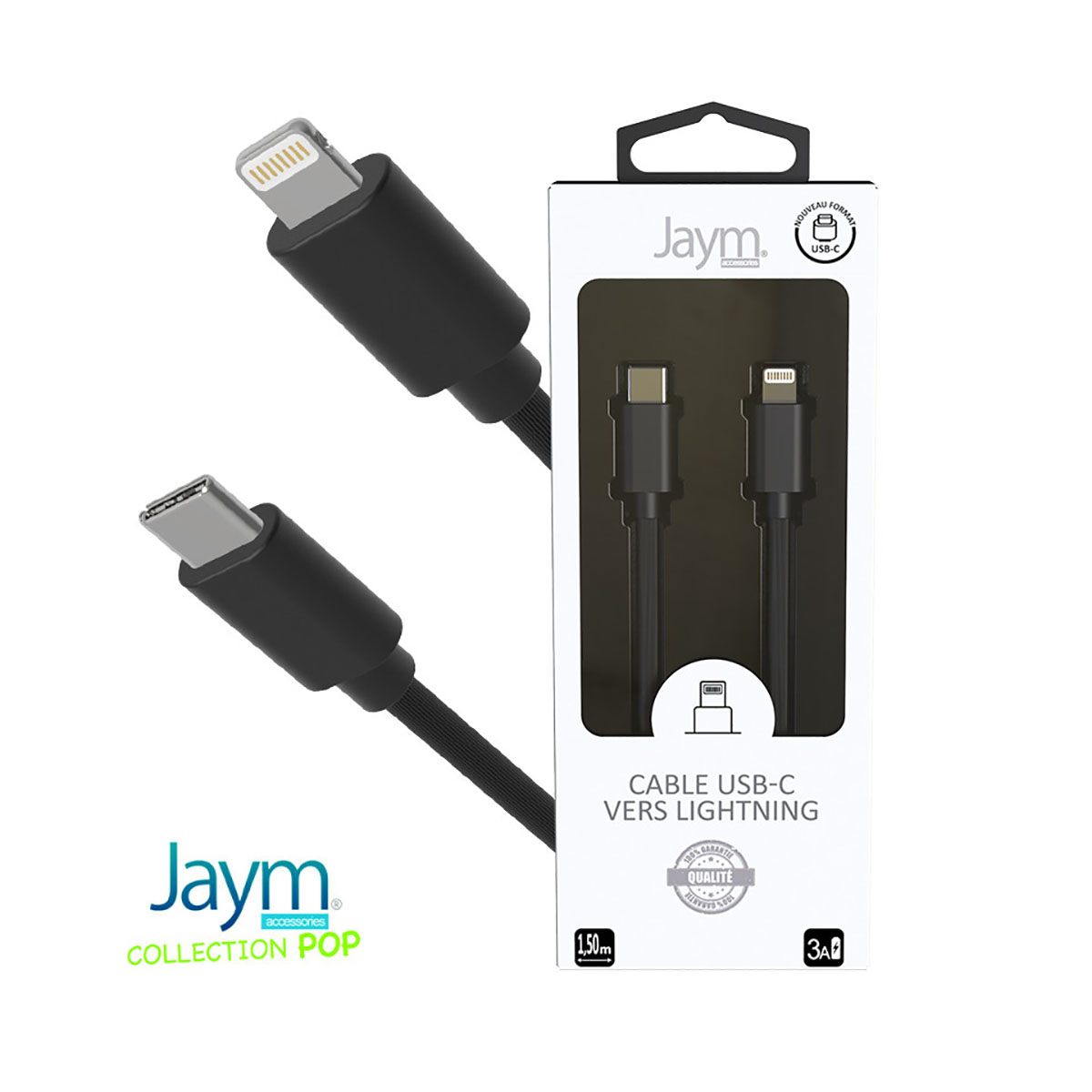 Câble Jaym. USB-C vers Lightning, 1,50m, noir, sous emballage.
