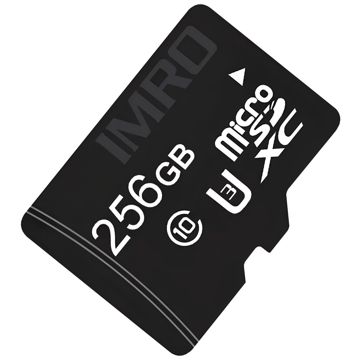 Schwarze MicroSD-Karte mit 256 GB Speicherkapazität und der Aufschrift IMRO.
