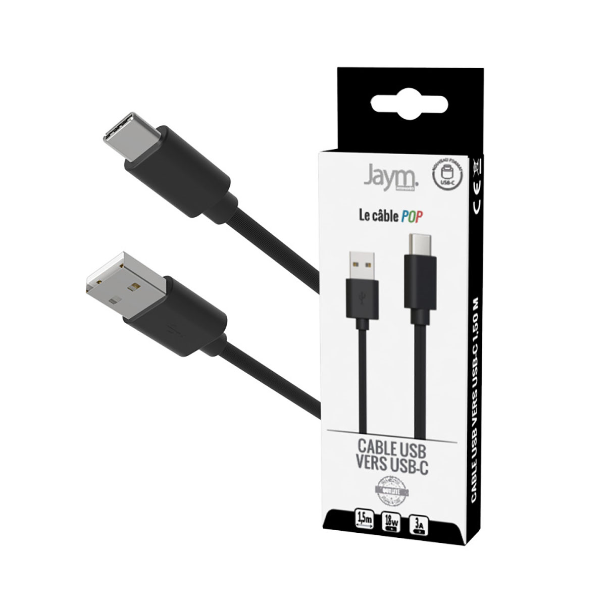 Cavo USB-A a USB-C nero con confezione. 1,5m, 18W, 3A.