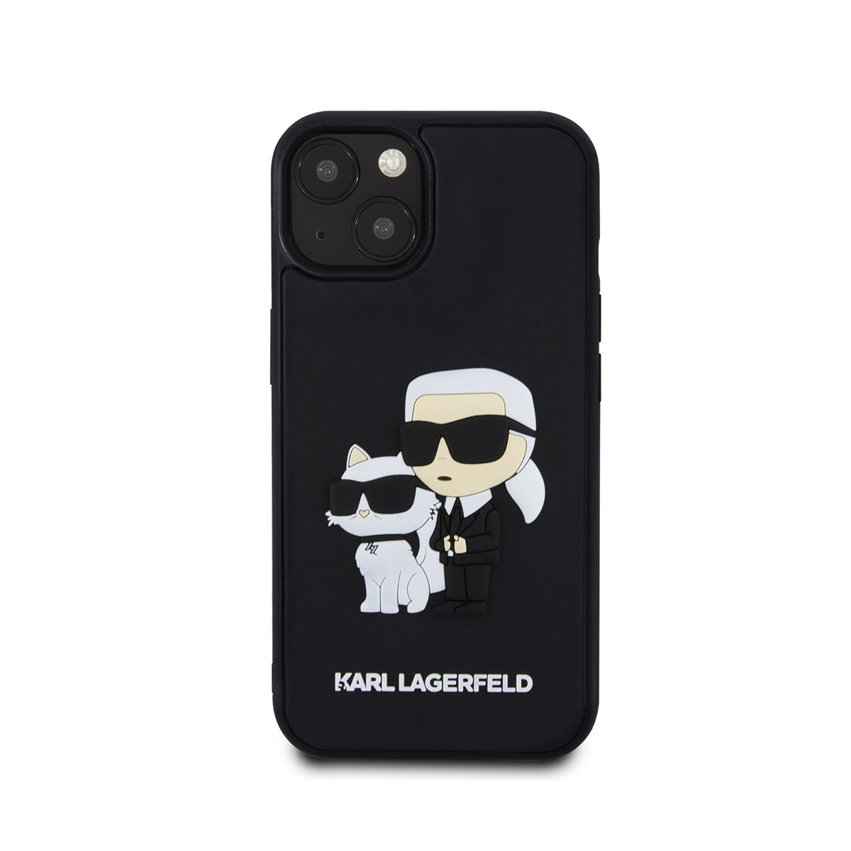 Custodia nera per telefono con Karl Lagerfeld e un gatto, entrambi con occhiali da sole.