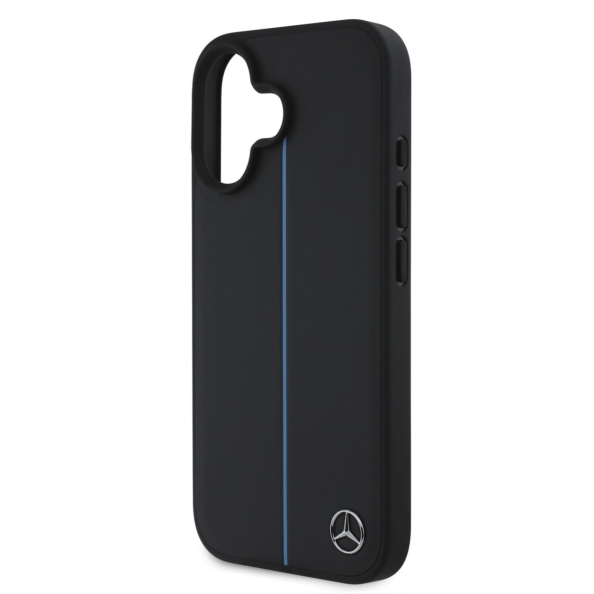 Custodia nera per telefono con linea blu e logo Mercedes-Benz.