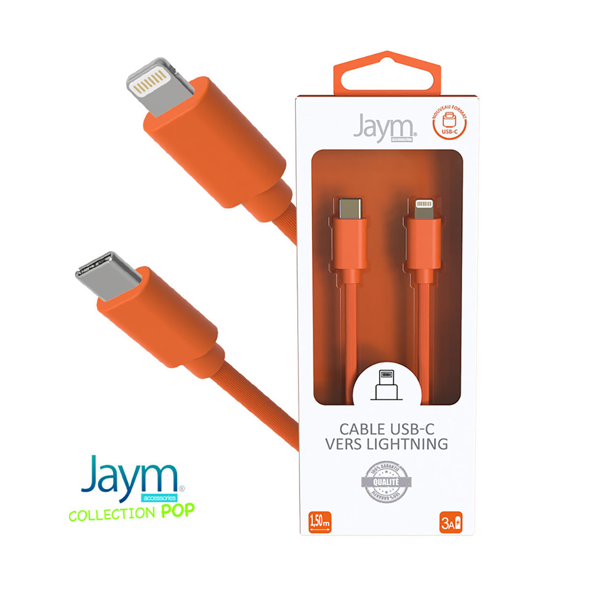 Orange Jaym Ladekabel mit USB-C und Lightning Stecker, verpackt.