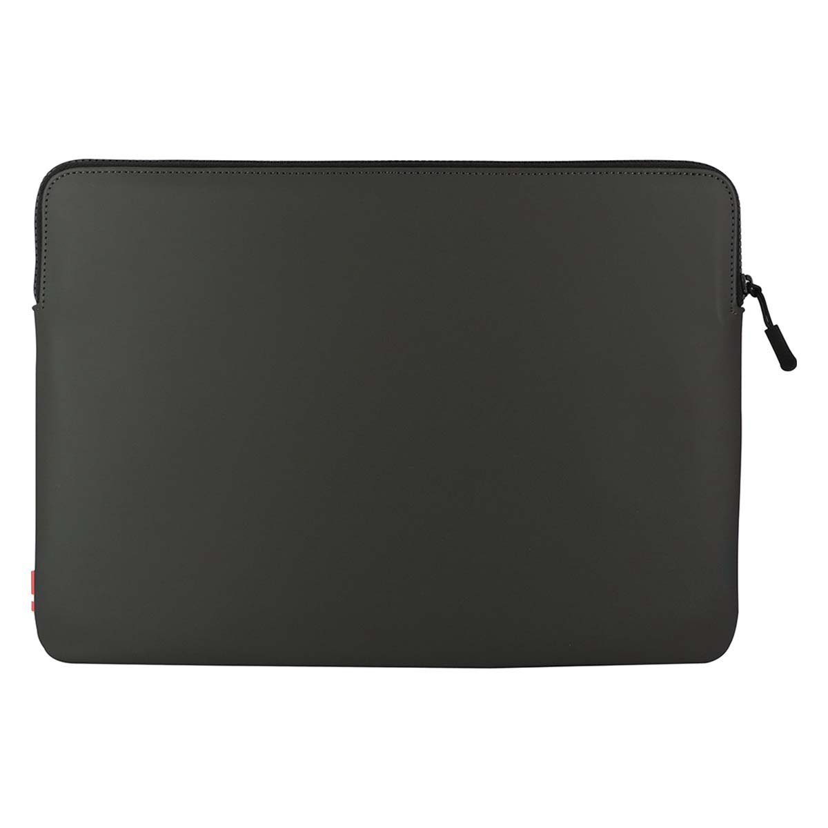 Custodia grigia scura per laptop con cerniera e dettaglio rosso.