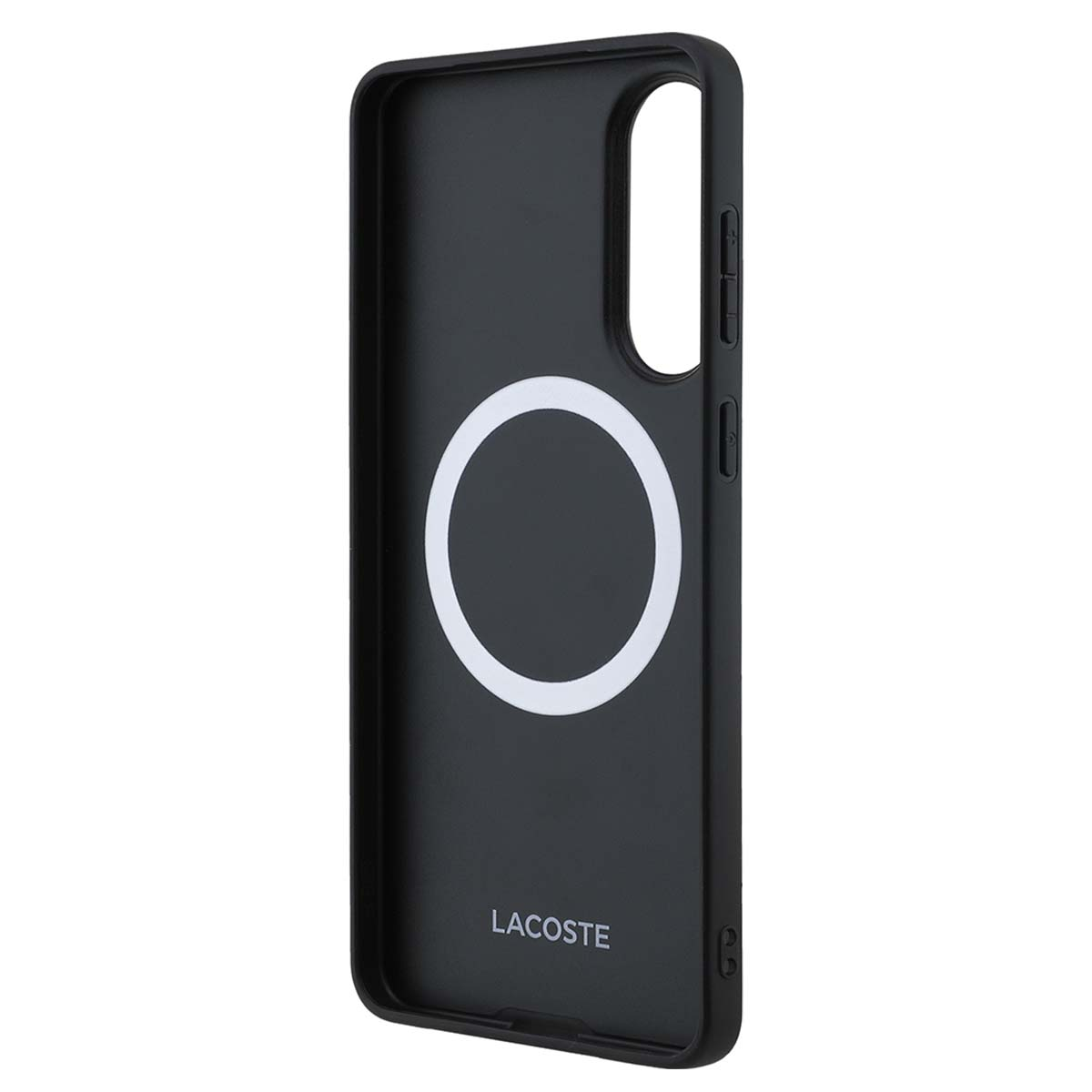 Funda negra para teléfono con círculo blanco y logo Lacoste.