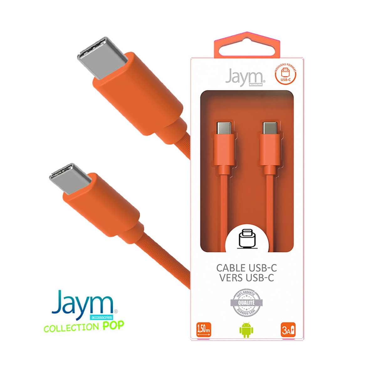Due cavi USB-C arancioni, uno nella confezione, l'altro accanto.