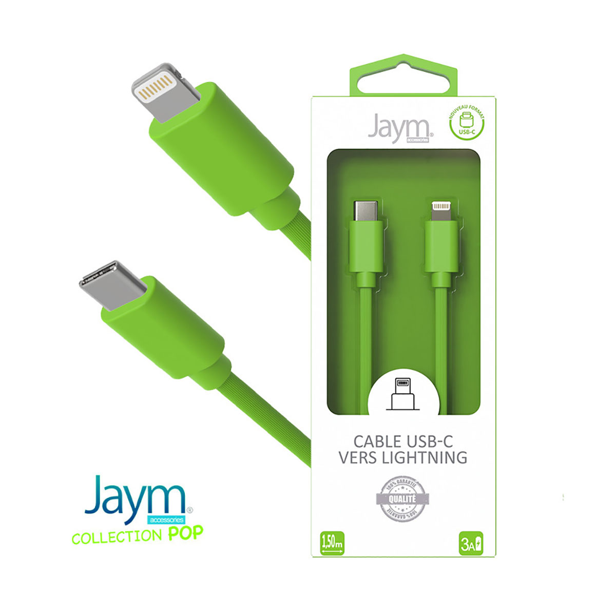 Grünes USB-C zu Lightning Kabel von Jaym, verpackt und daneben.
