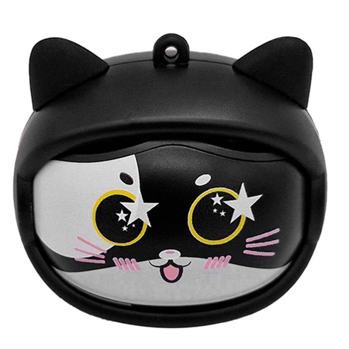 Un accessorio nero da gatto con occhi grandi e guance rosa.