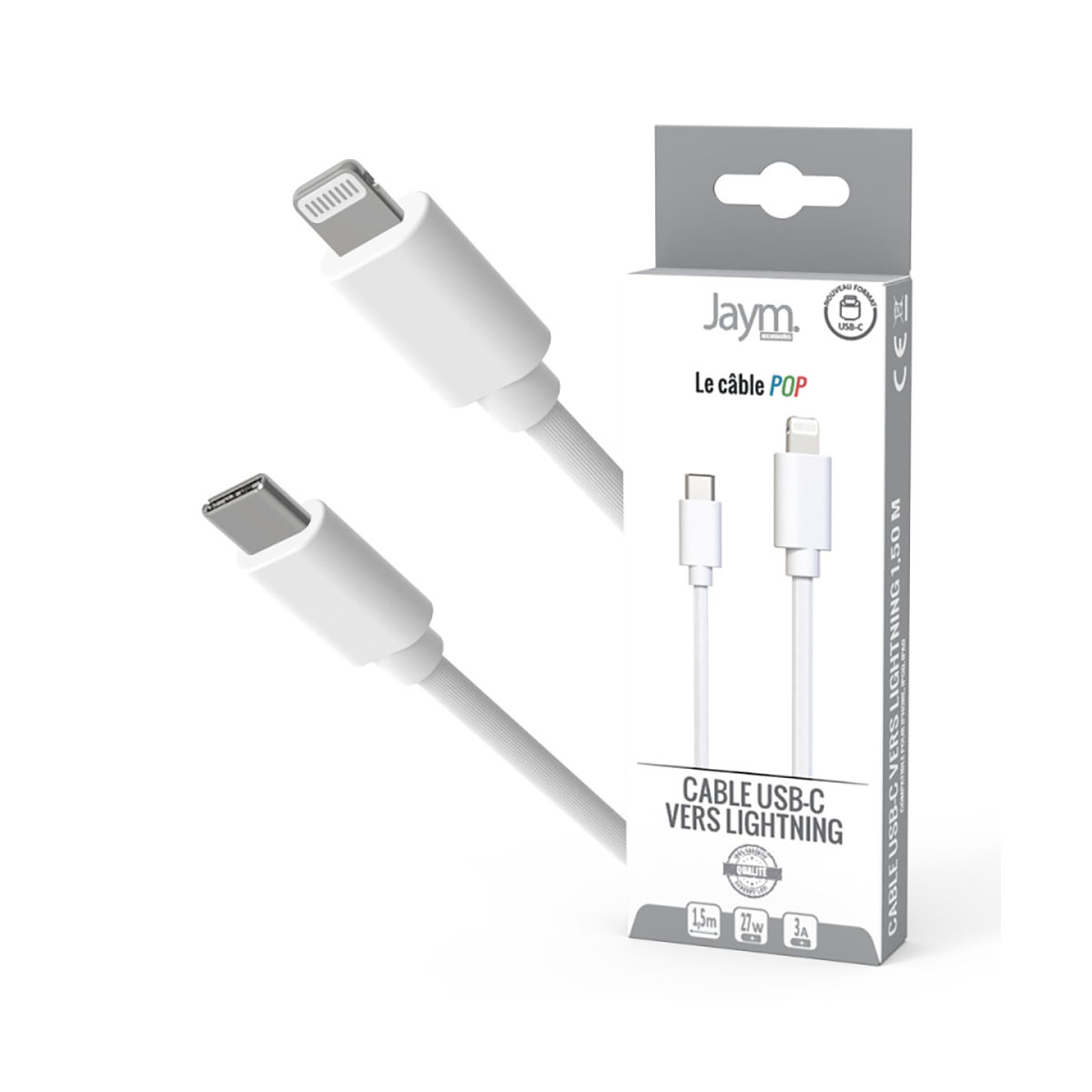 Un câble USB-C vers Lightning blanc avec emballage, 1,5m.