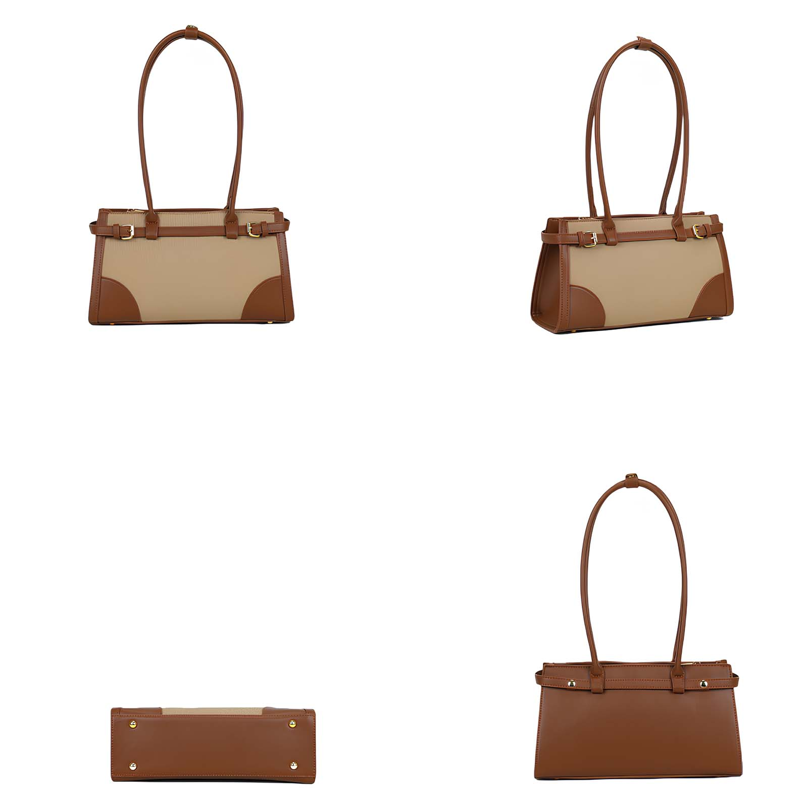 Bolso beige y marrón con asas estrechas y hebillas.