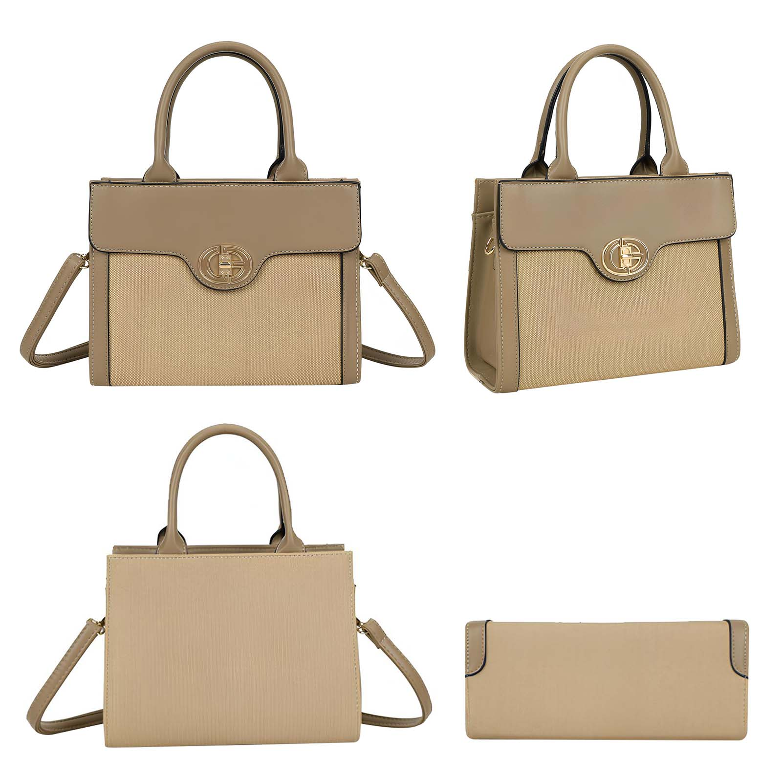 Bolso beige con asa superior, correa cruzada y hebilla dorada.