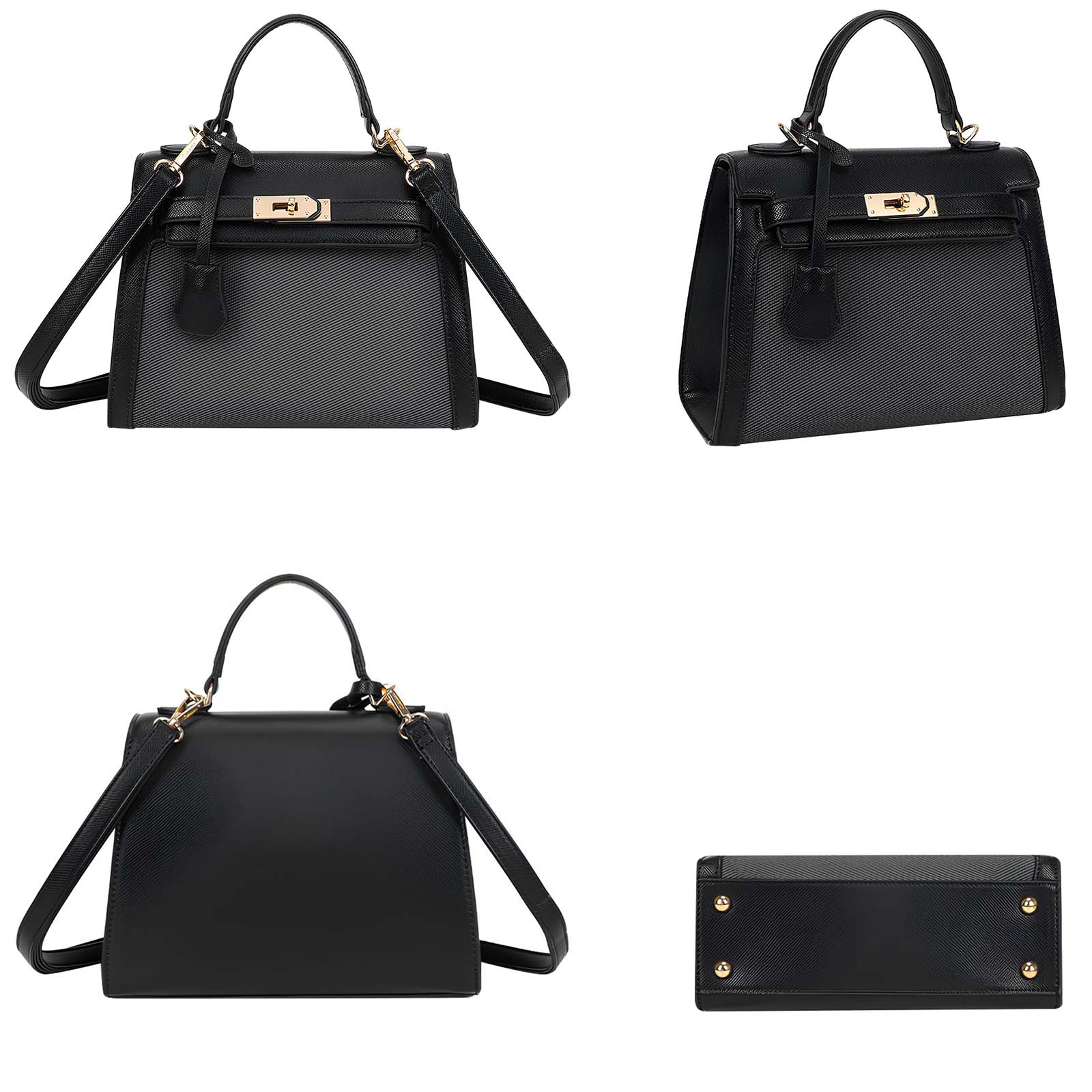 Bolso negro con herrajes dorados, mostrado de frente, lado y abajo.