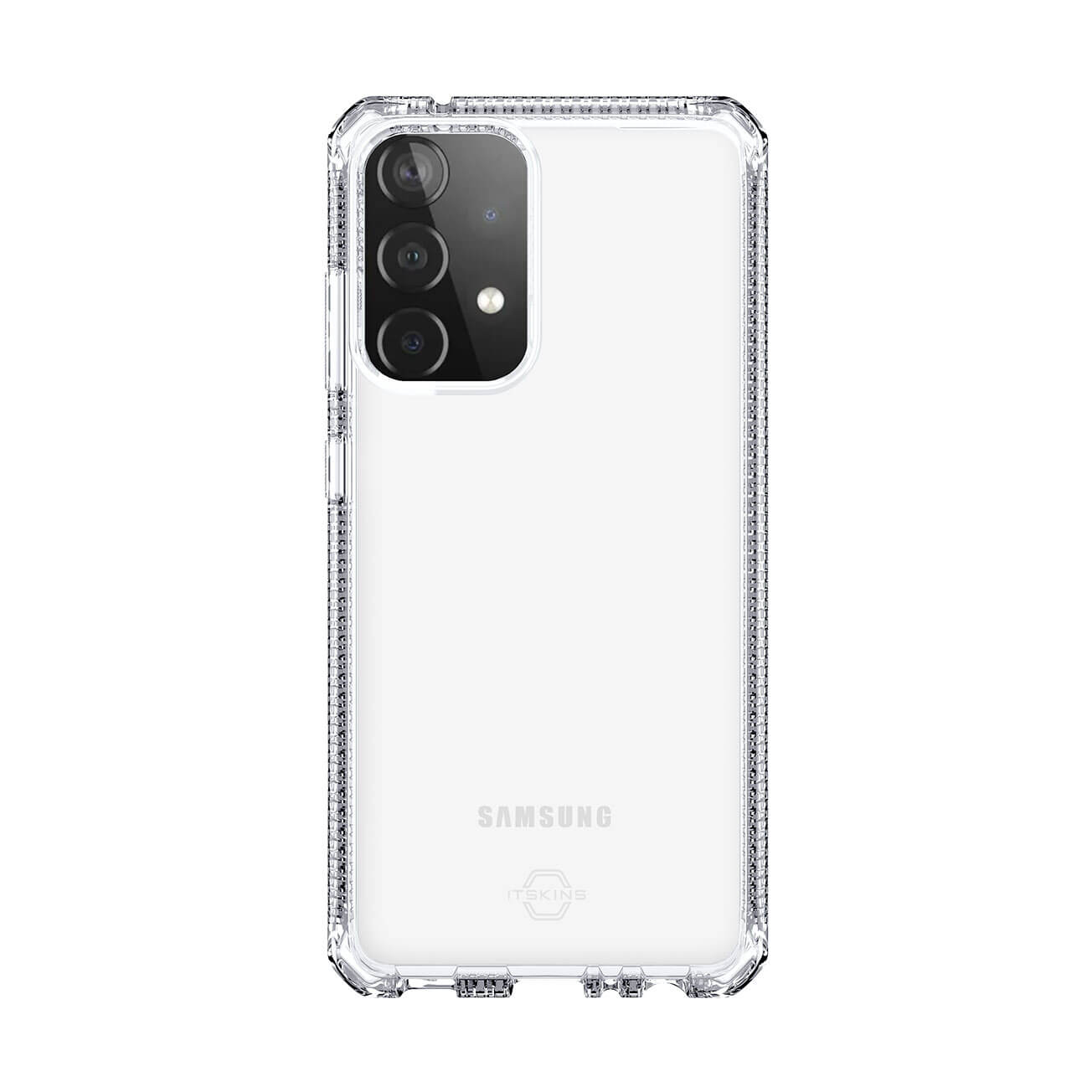 Una cover trasparente per telefono con sistema a tripla fotocamera posteriore.