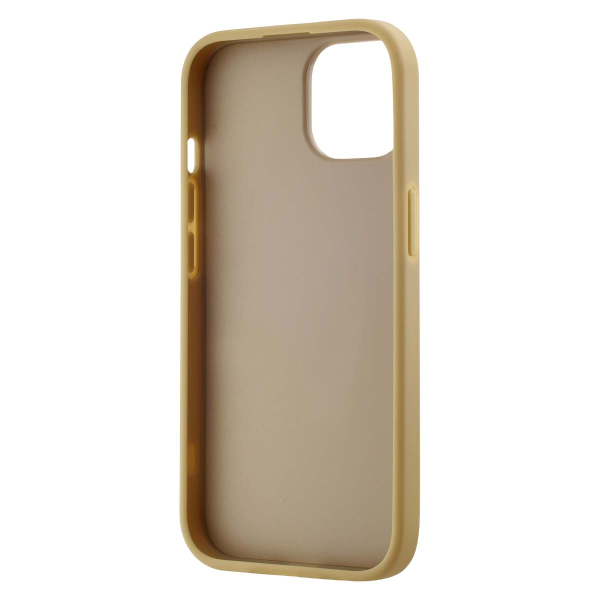 Una custodia per telefono beige con ritaglio per l'obiettivo della fotocamera.