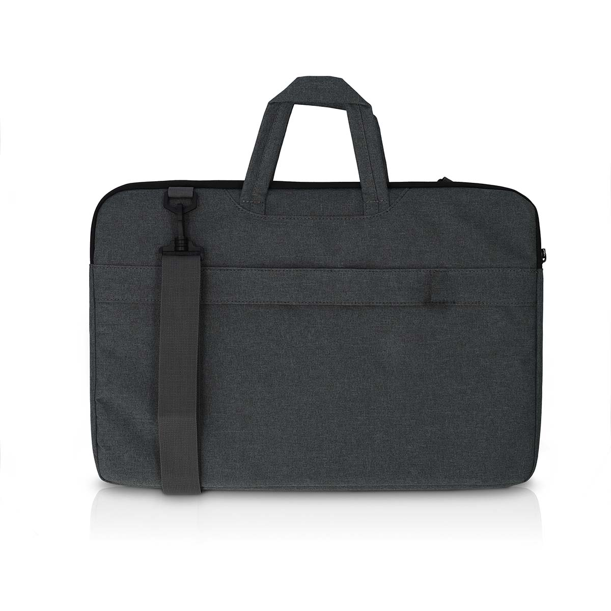 Borsa porta PC grigio scuro con manici e tracolla staccabile.