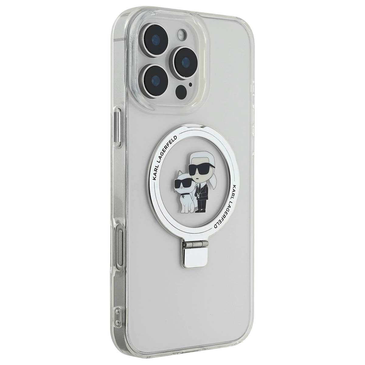 Custodia trasparente per telefono con design di Karl Lagerfeld e gatto.