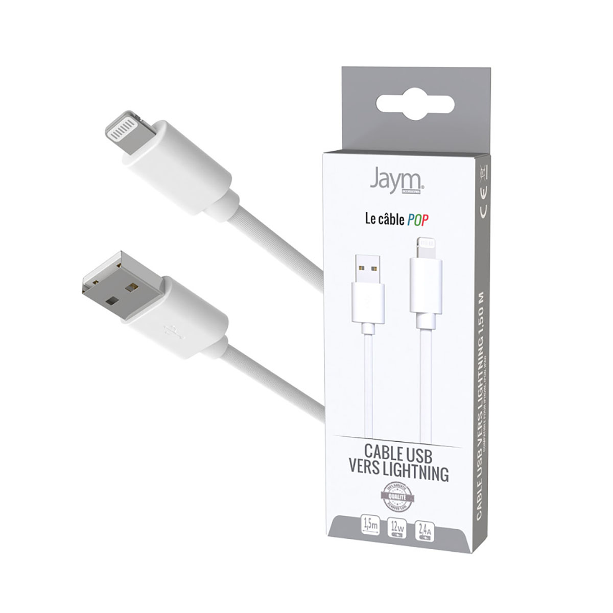 Un câble USB vers Lightning blanc avec emballage. Il mesure 1,50 m.