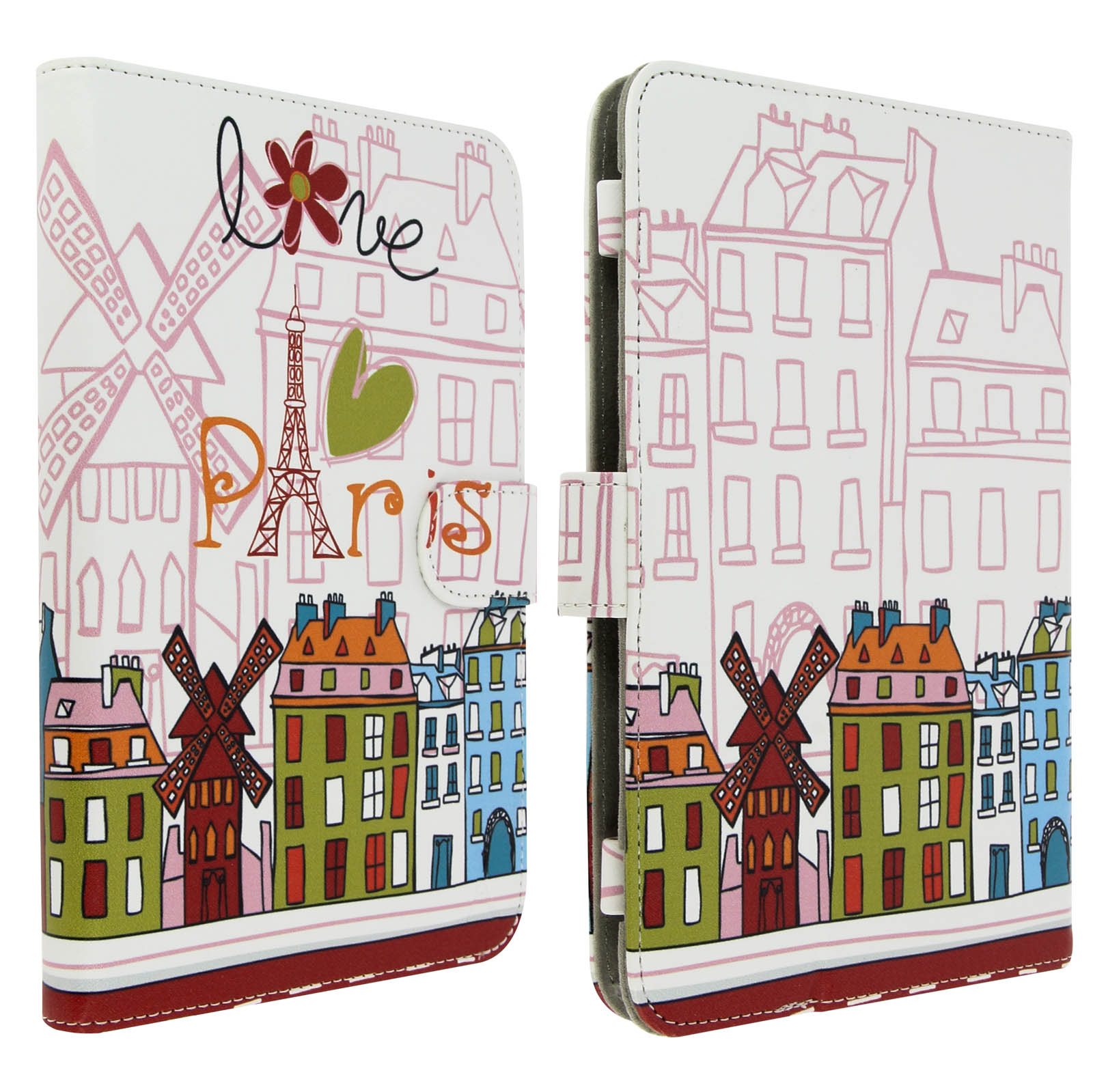 Una custodia per tablet a tema parigino, con Torre Eiffel, mulini a vento ed edifici.