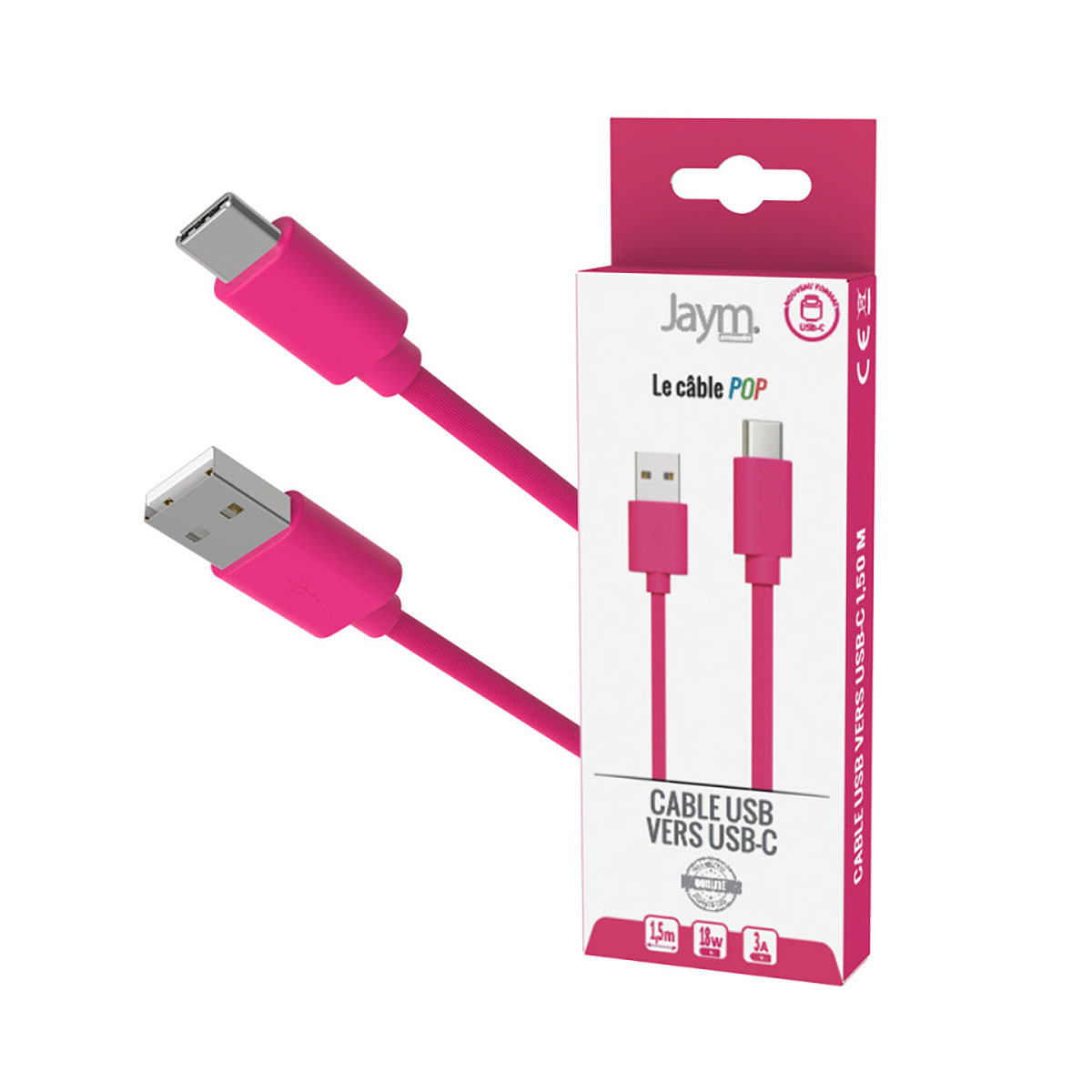 Ein pinkes USB-C-Kabel und seine Verpackung mit den technischen Daten.
