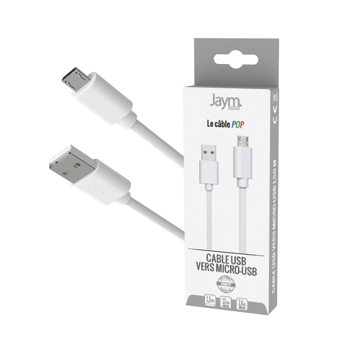 Un cavo USB a Micro-USB bianco con la sua confezione. Un connettore è visibile.