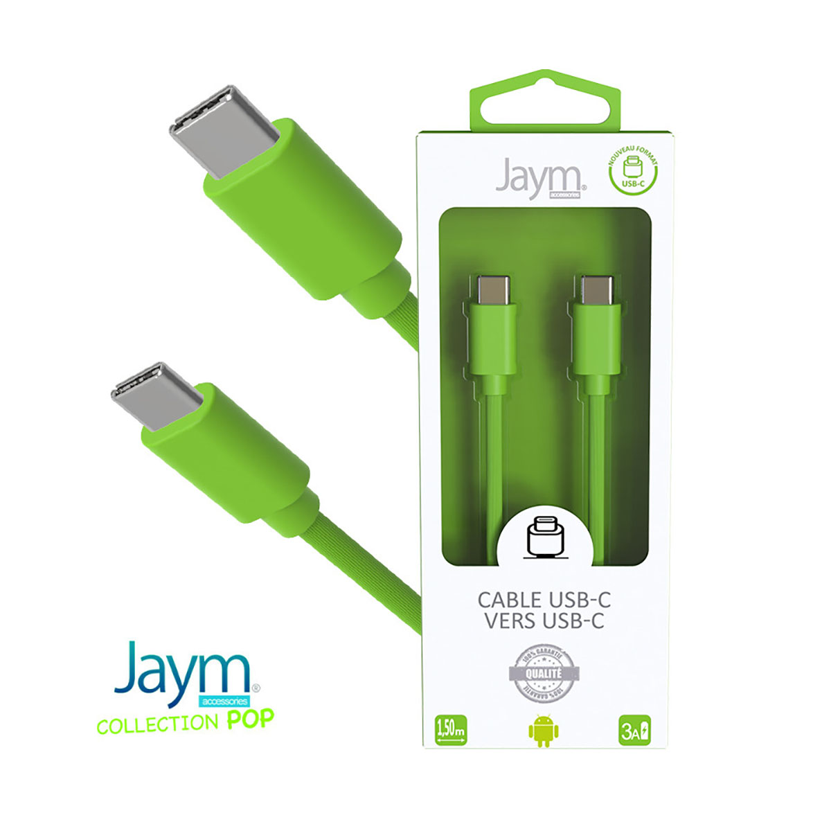 Due cavi USB-C verdi, uno sporge dalla confezione.