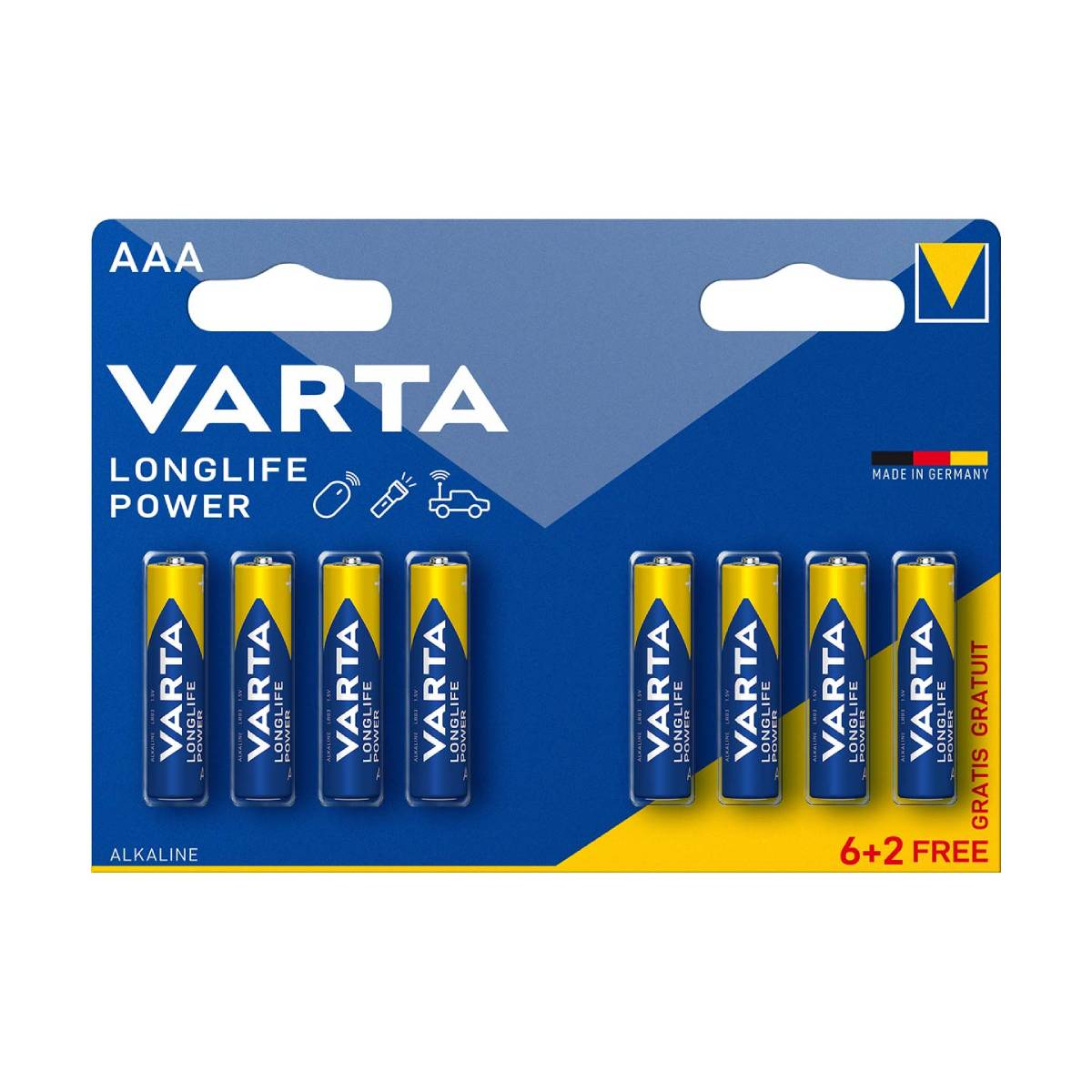 Varta AAA batterijen: 6+2 gratis, alkaline, longlife power, made in Germany.