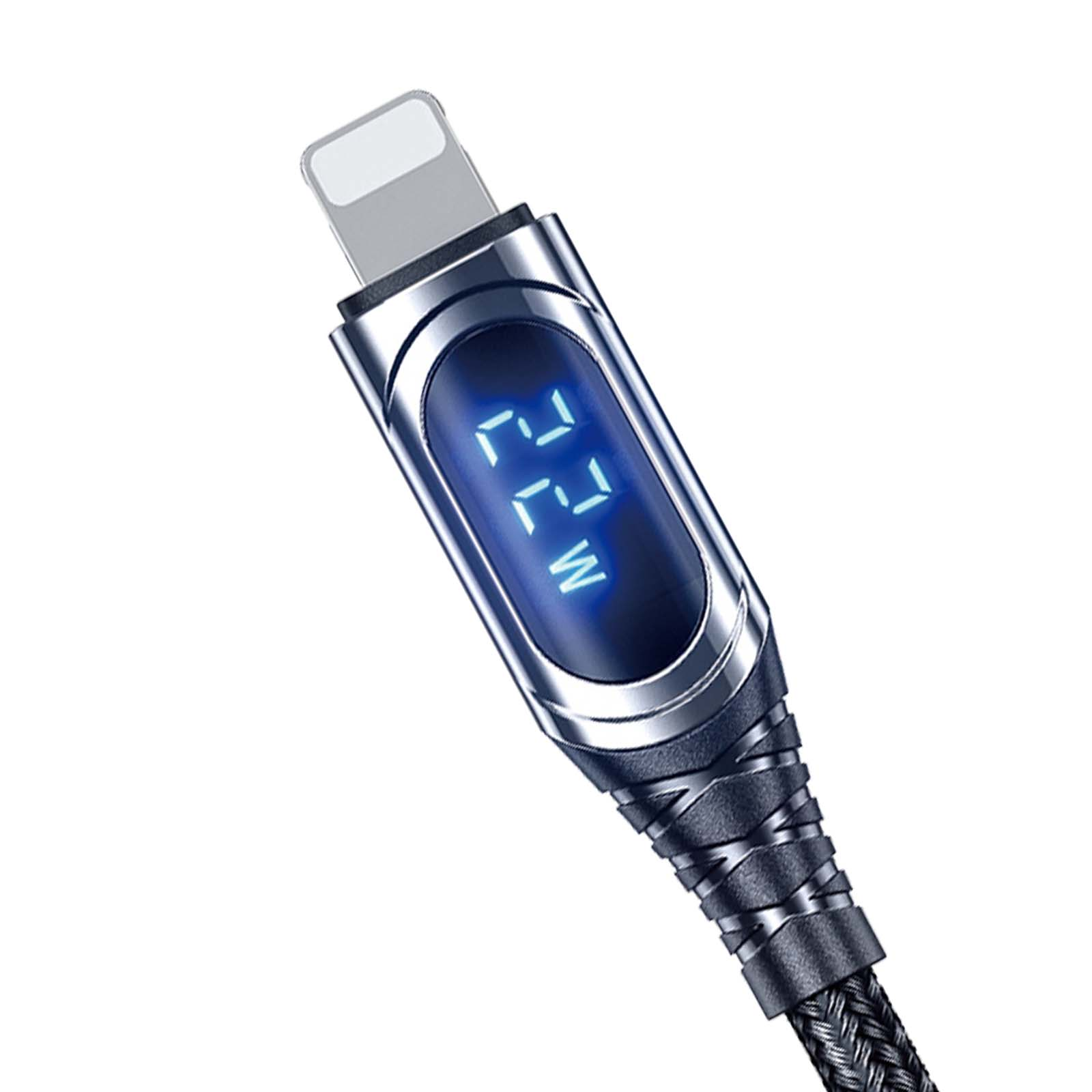 Un câble de chargement avec connecteur Lightning affichant 22W numériquement.
