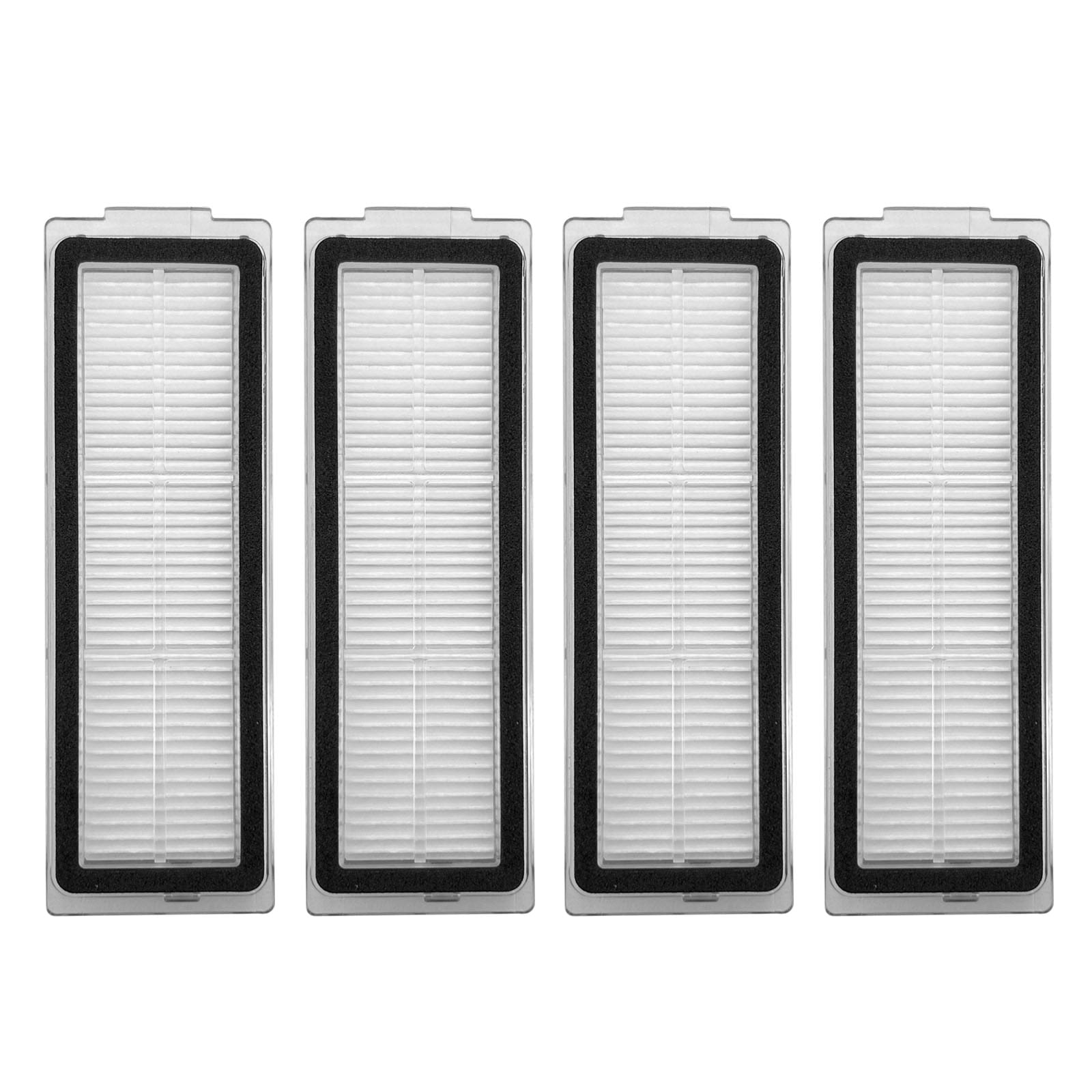 Vier weiße rechteckige Filter mit schwarzen Rändern auf weißem Hintergrund.