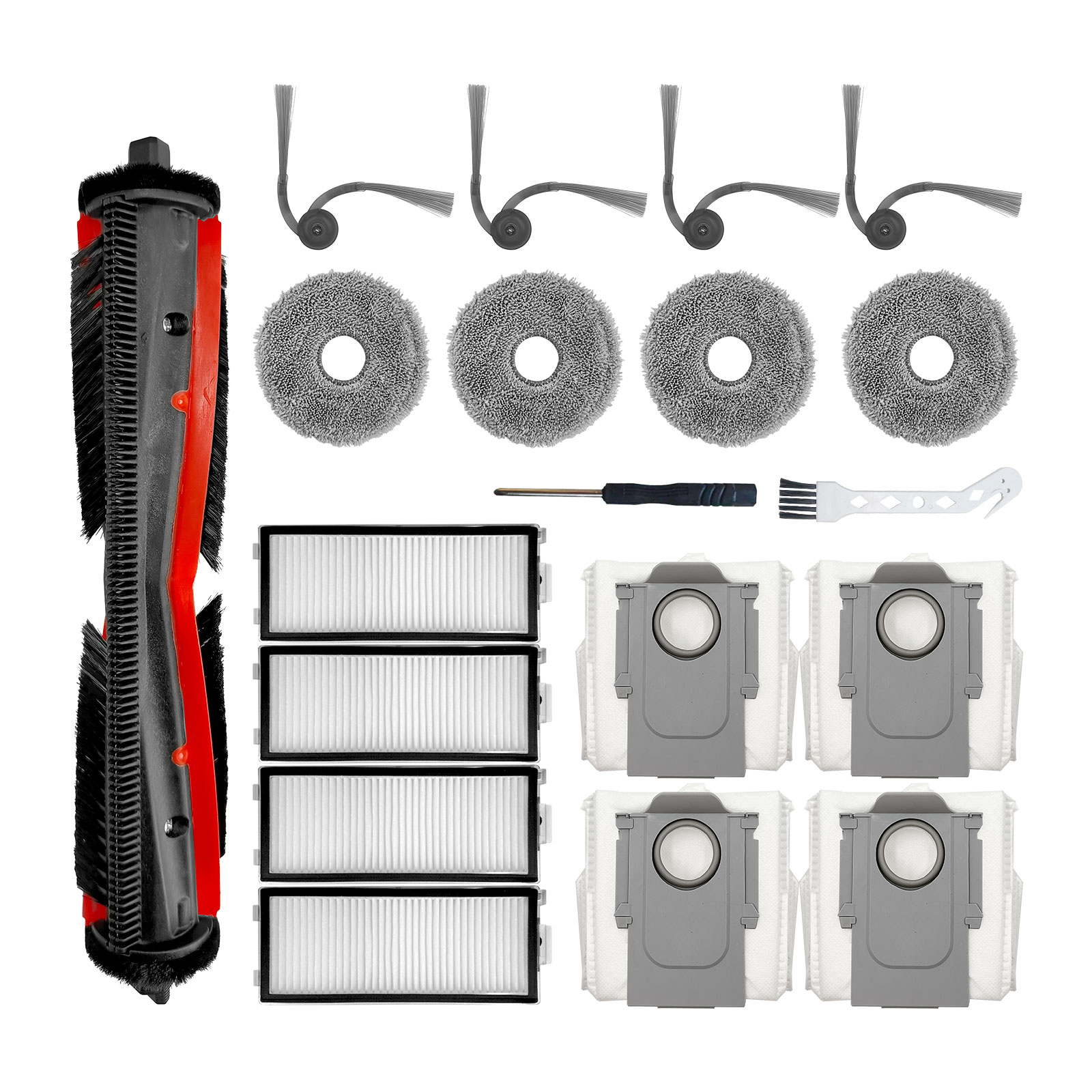 Set mit Staubsaugerzubehör: Bürste, Mopppads, Filter, Seitenbürsten und Werkzeuge.