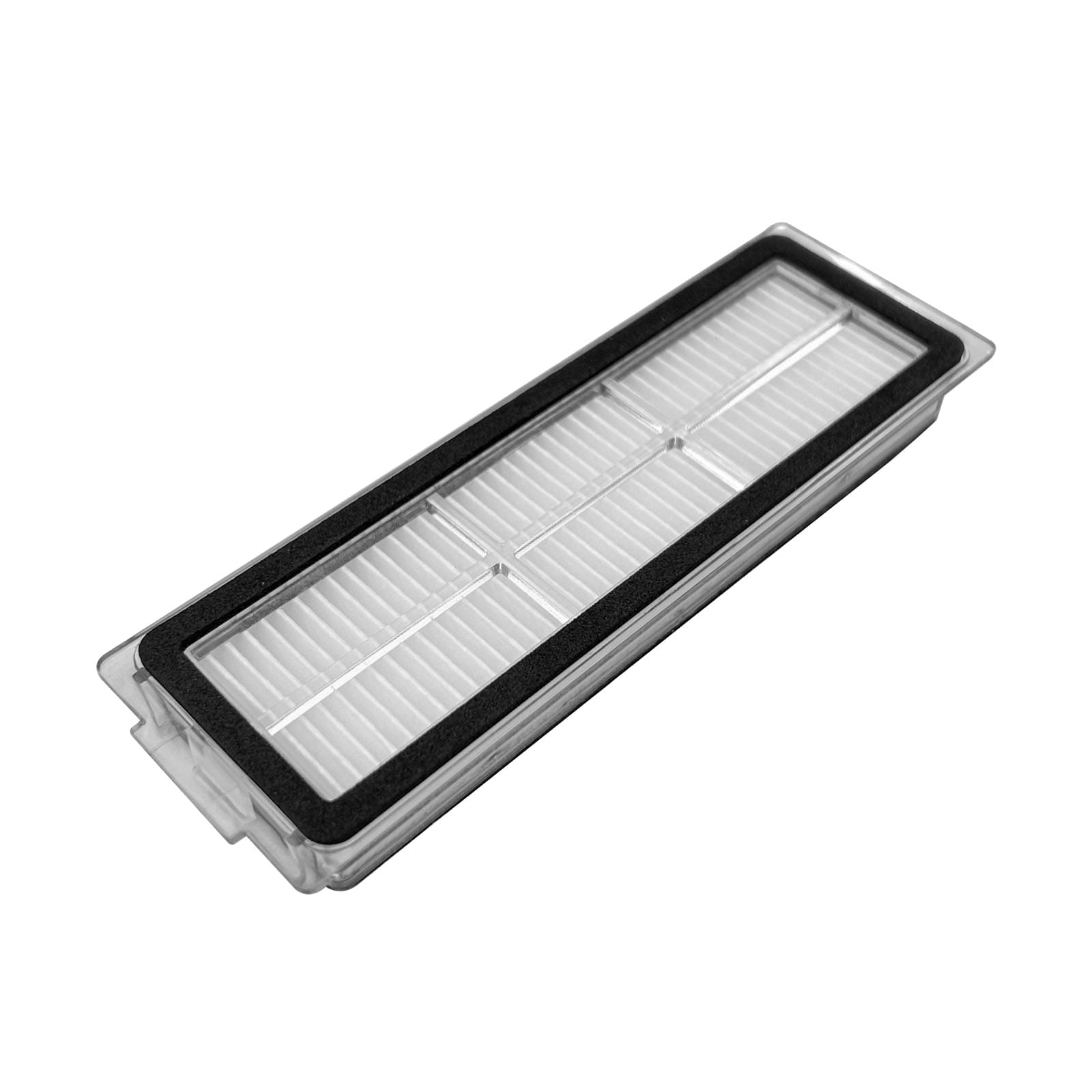Ein rechteckiger, transparenter Staubsaugerfilter mit schwarzem Rand.