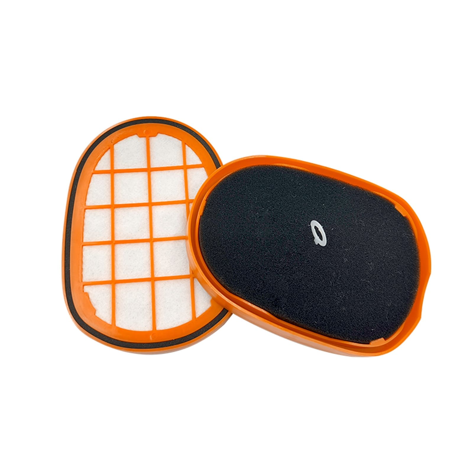 Zwei ovale Luftfilter mit orangefarbenem Rahmen, ein schwarzer Schaumstoff, ein weißer Filter.
