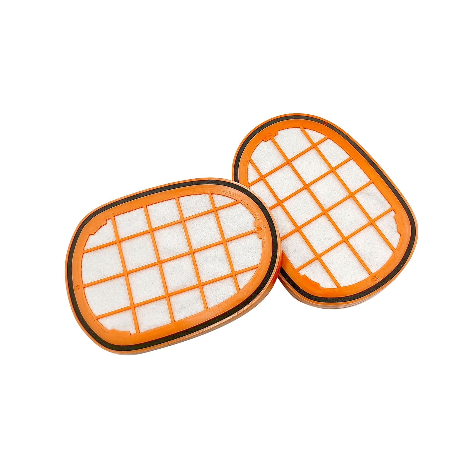 Zwei ovale Luftfilter mit orangefarbenem Rahmen und weißem Filtermaterial.