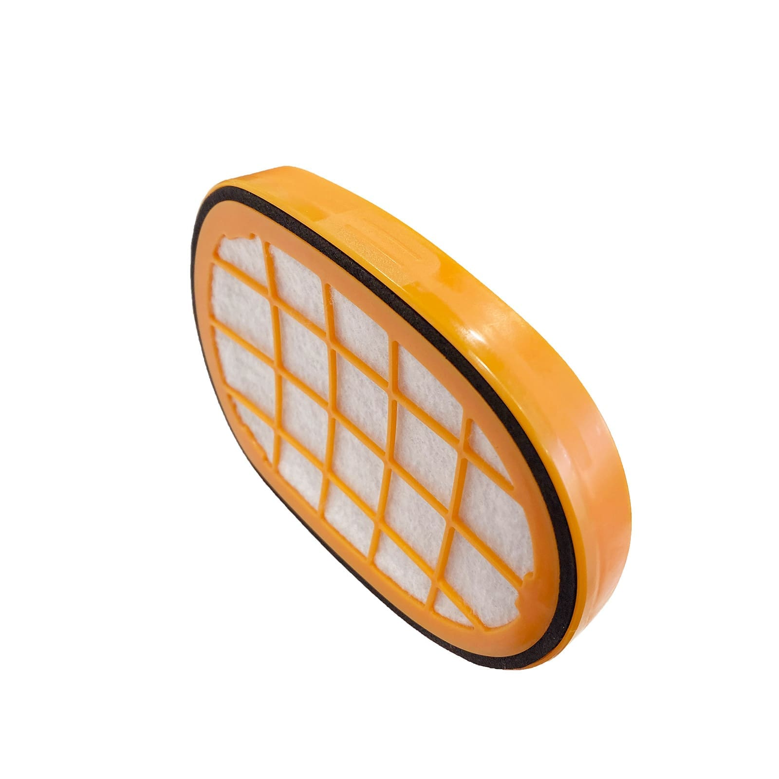 Ein ovaler orangefarbener Luftfilter mit weißem Filtermaterial und einem Gitterschutz.