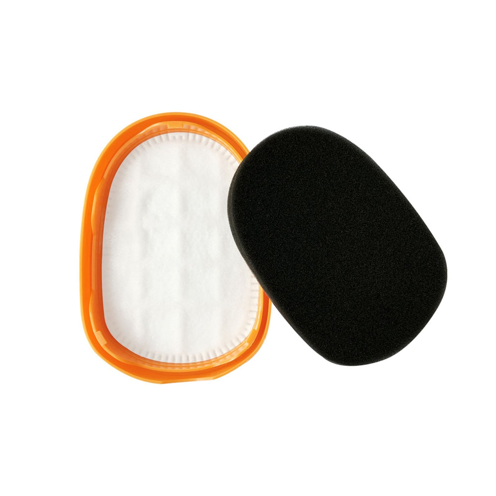 Ein schwarzer Schaumstofffilter neben einem weißen Filter mit orangefarbenem Rahmen.