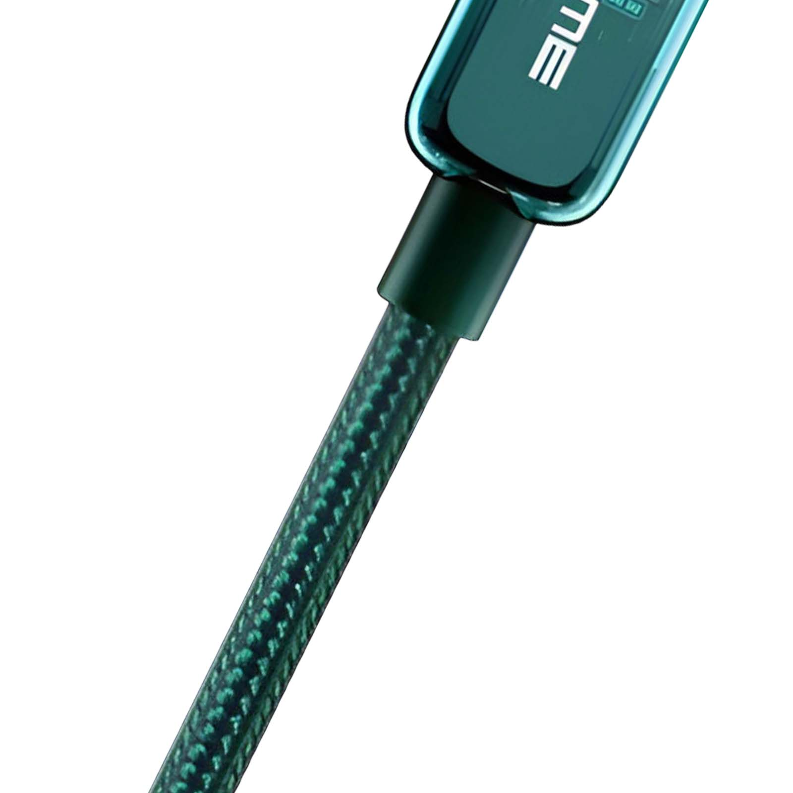 Un câble de chargement vert avec un tissage texturé et un connecteur transparent.