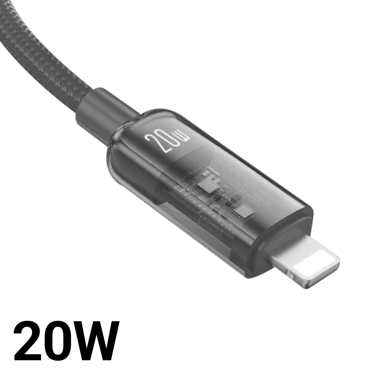 Un câble de chargement noir avec un connecteur transparent affichant 20W.